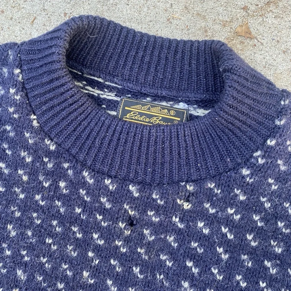 Vintage Eddie Bauer FIsherman's Sweater 100% Wool M/L Navy Blue Distressed Cozy - Picture 2 of 8